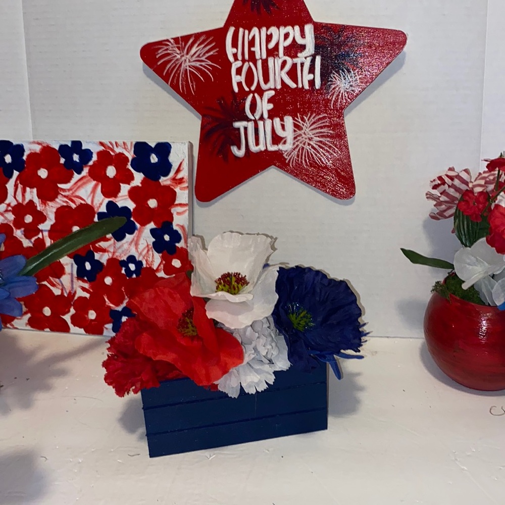 Cute Hand Painted Small Planter with Patriotic Faux Floral Arrangement